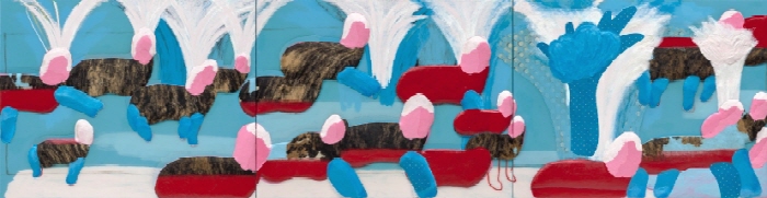 황혜정_Raw Bodies_fur, fabric, acrylic, paint, oil pastel, resin_350.4x91cm_2025-사진제공 황혜정 작가