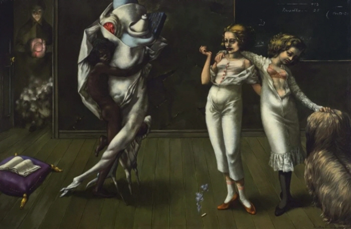 도로시아 태닝, 갑작스러운 기쁨이 있는 실내 (1951). 소더비 경매 제공.