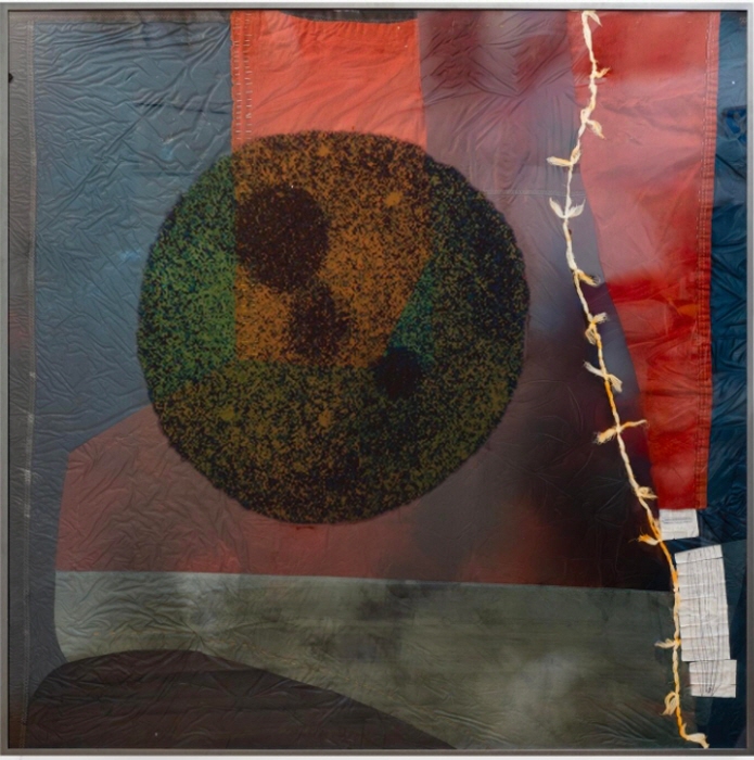 타마르 에툰,  배아 콜라주 2 , 2025. 플렉시글라스에 UV 프린트, 손으로 염색한 원단, 돛, 거즈, 패드, 주사기 포장지, 바느질 핀, 실, 알루미늄 프레임, 49 x 49인치. 제공-작가 및 미니애폴리스 드림송