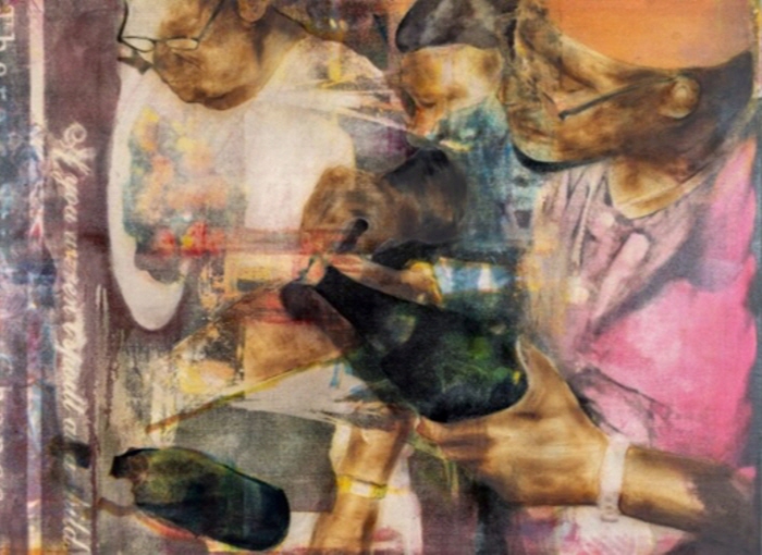 아프리카누스 오코콘,  'Puce Moment', 2025. 캔버스에 탄 자국, 유화, 실크스크린 잉크, 패널 위에 펼친 작품, 76.2 x 101.6cm. 작가 및 로스앤젤레스 OCHI 제공. 사진-스콧 알라리오