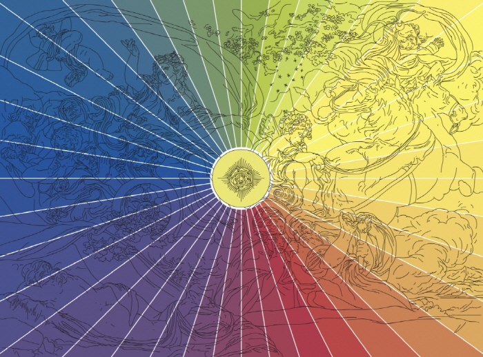 페델레 피셰티의 '밤의 승리' 선화. 색상환과 연금술 단계의 대응 관계를 보여줍니다. 크리스토퍼 비숍 파인 아트 제공.