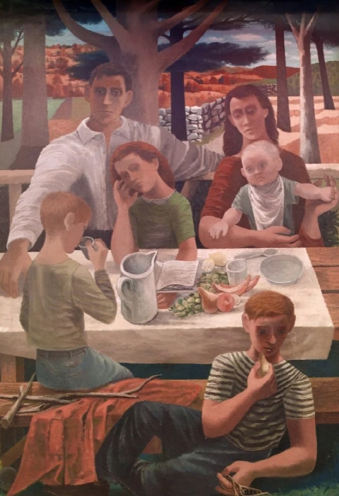 필립 거스턴의 벽화 ' 재건과 가족의 안녕 '(1942) 의 중앙 부분 . 사진-캐럴 M. 하이스미스 - Buyenlarge -게티 이미지.